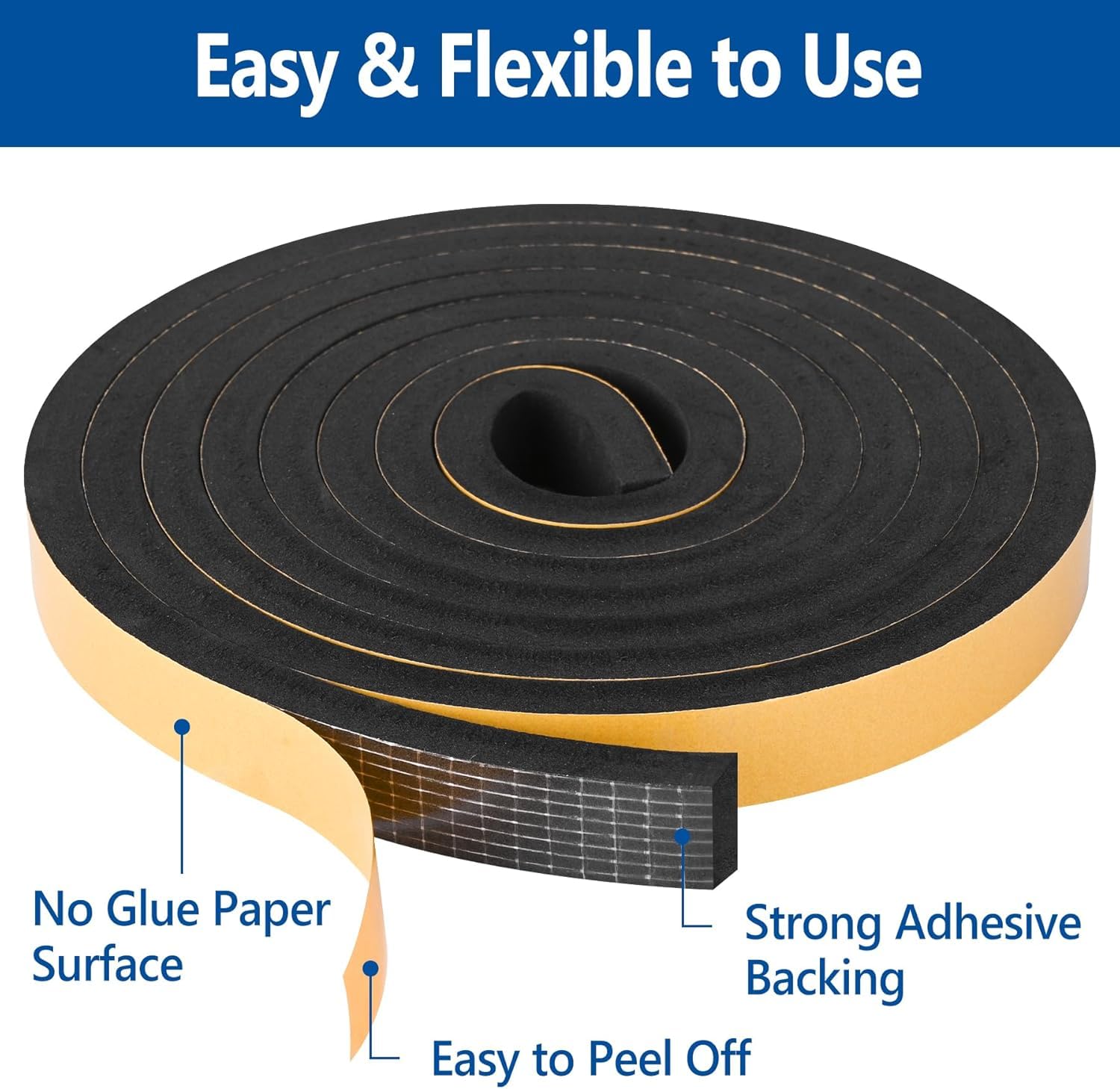 Kikerike Self Adhesive Foam Tape Weatherstrip 1In x 1/2In x 20Ft High Density Foam Insulation Strips Seal Weather Stripping with Strong Adhesive for Door and Window Sound Isolation Soundproofing