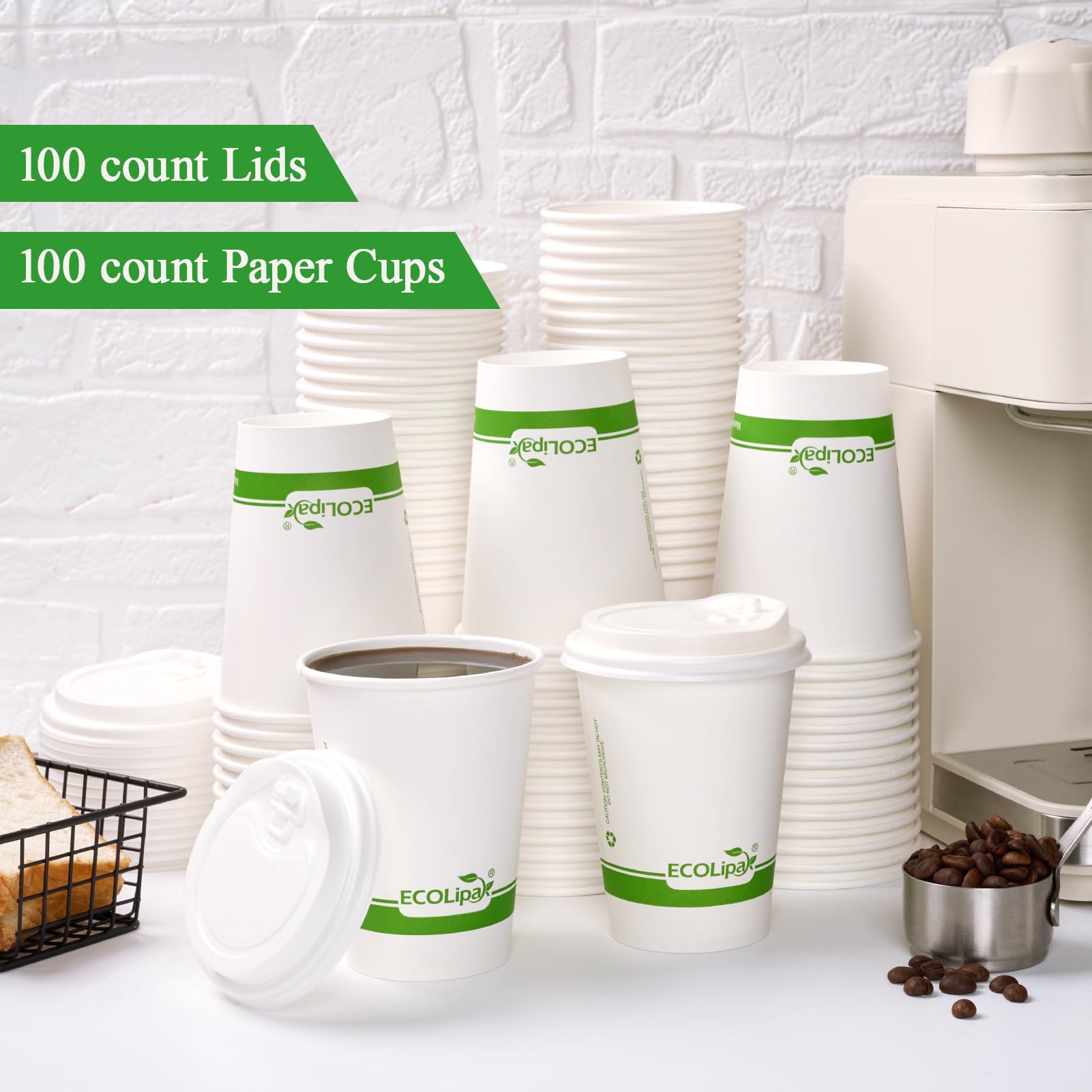 ECOLipak 100 Count 12 oz Compostable Paper Coffee Cups, Biodegradable Disposable Coffee Cups with CPLA Lid, Eco-friendly Hot Drinking Cups for Party, Picnic, Travel, and Events