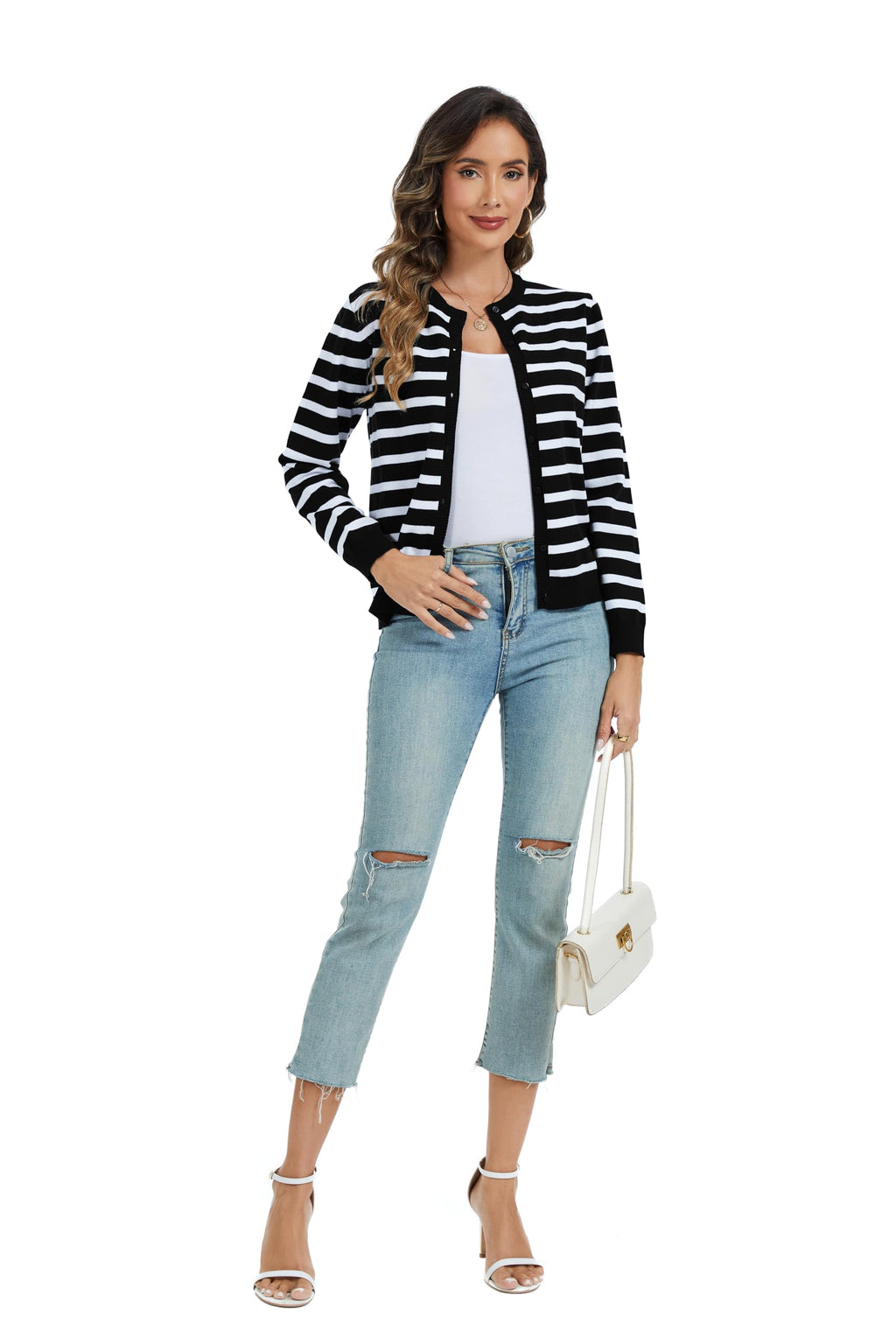 CUNYI Women's Crew Neck Cardigan Long Sleeve Sweater for Women Button Down Soft Knit Ladies Cardigan Sweates Coat