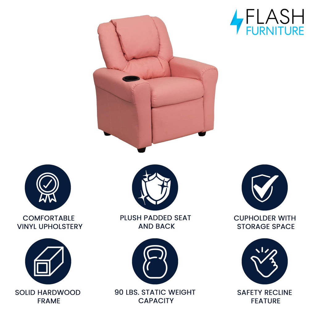 Flash Furniture Vana Vinyl Kids Recliner with Cup Holder, Headrest, and Safety Recline, Contemporary Reclining Chair for Kids, Supports up to 90 lbs., Beige