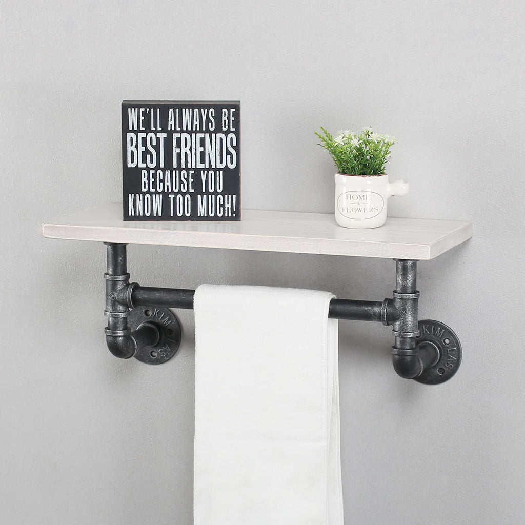 MBQQ Industrial Pipe Shelf Bathroom Shelves Wall Mounted,19.6in Rustic Wood Shelf with Towel Bar,1 Tier Farmhouse Towel Rack,Pipe Shelving Floating Shelves Towel Holder,Black & White