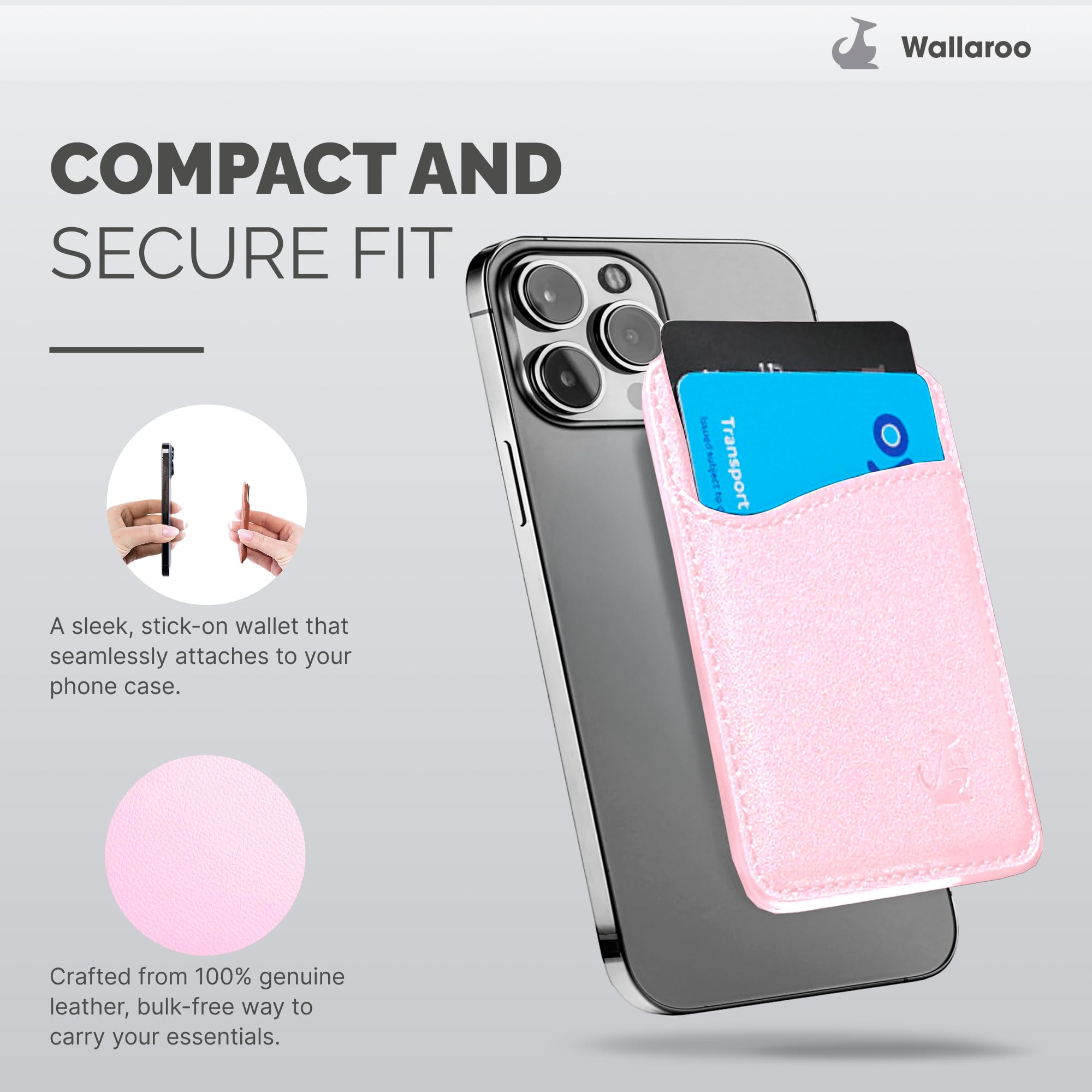 Wallaroo Premium Leather Cell Phone Wallet Stick On - Android and iPhone Wallet and Card Holder for Women and Men - Durable with Non-Slip Lining Secures Up to 3 Cards
