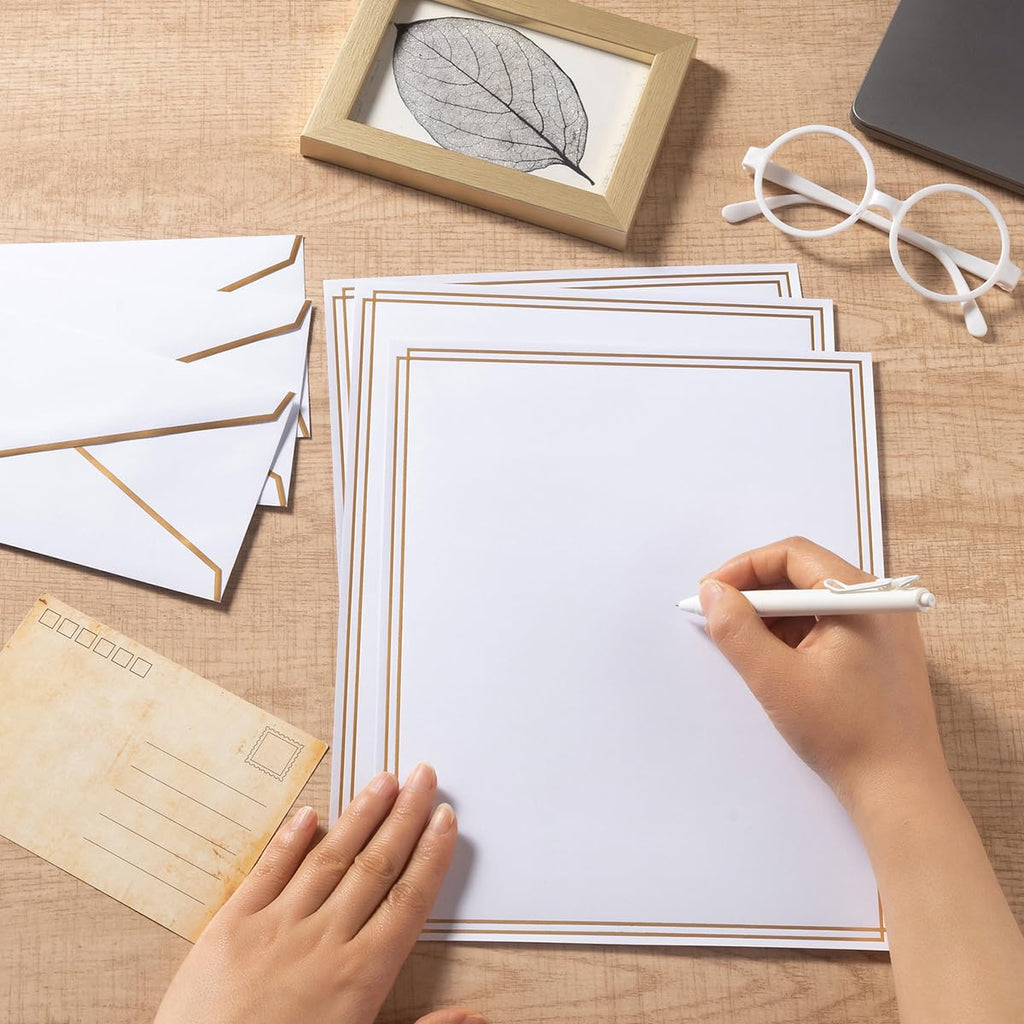 50 Pack Stationery Set with Envelopes, Cream Color, 8.5x11 Inches | Gold Border, #10 Business Envelopes and 8.5x11 Paper Sheets, Stickers for Letter Writing, Invitations