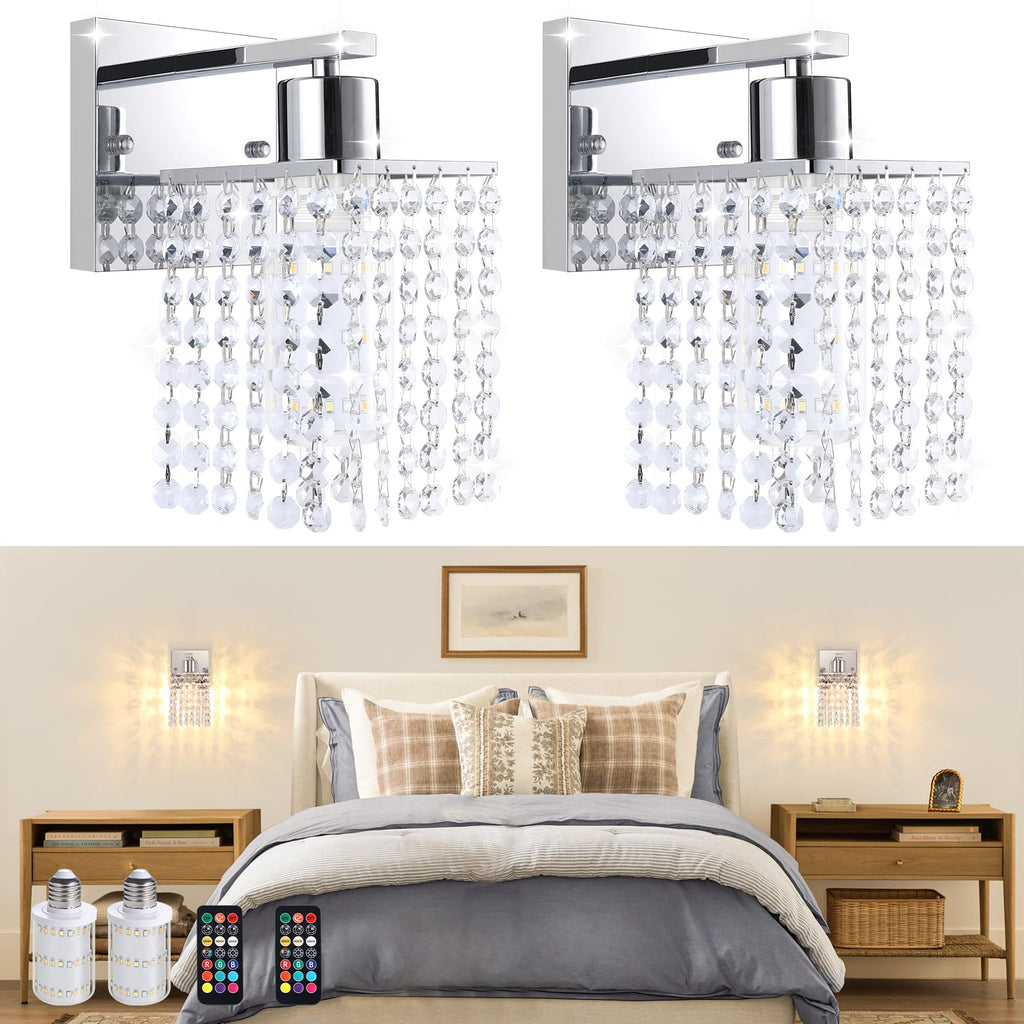 Shenmoyl Set of 2 Crystal Battery Operated Wall Sconce, Rechargeable Battery Powered Wall Lamp with Remote Control, Modern Dimmable Wall Lights for Bedroom Bathroom(Green, Gold Base)