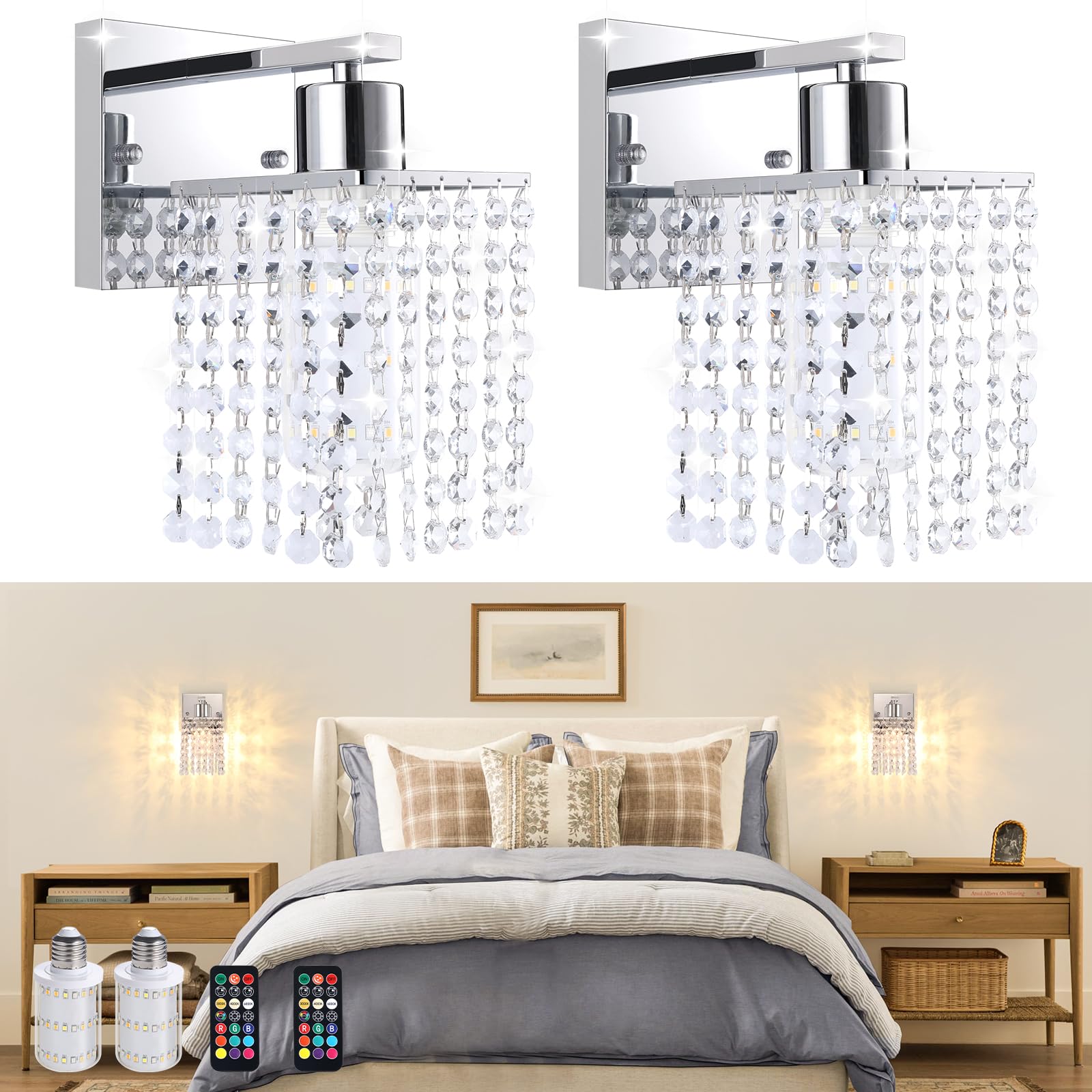 Shenmoyl Set of 2 Crystal Battery Operated Wall Sconce, Rechargeable Battery Powered Wall Lamp with Remote Control, Modern Dimmable Wall Lights for Bedroom Bathroom(Green, Gold Base)