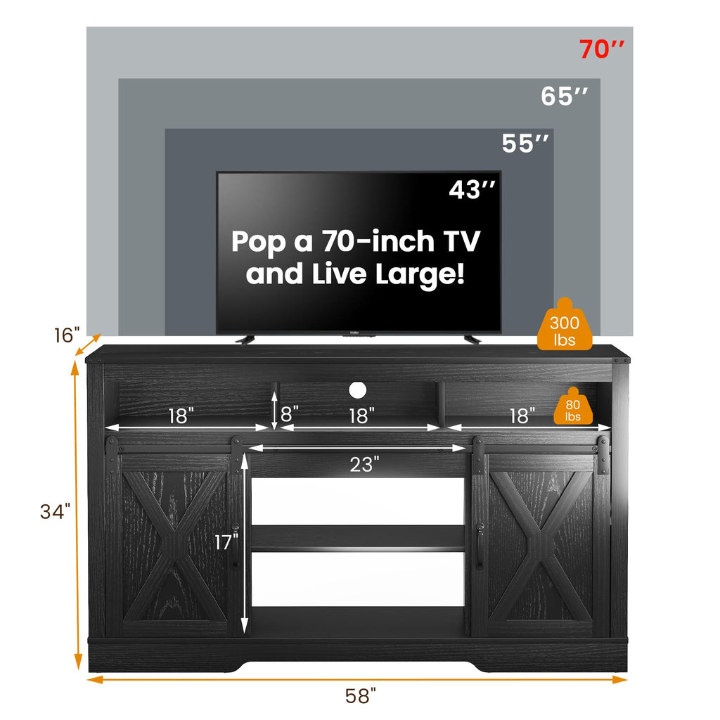FansaFurn Farmhouse TV Stand for 65+ Inch TV, 34'' Tall Entertainment Center with Sliding Barn Doors, Rustic Wood Media Console Storage Cabinet Television Stand for Living Room, Bedroom (Black)