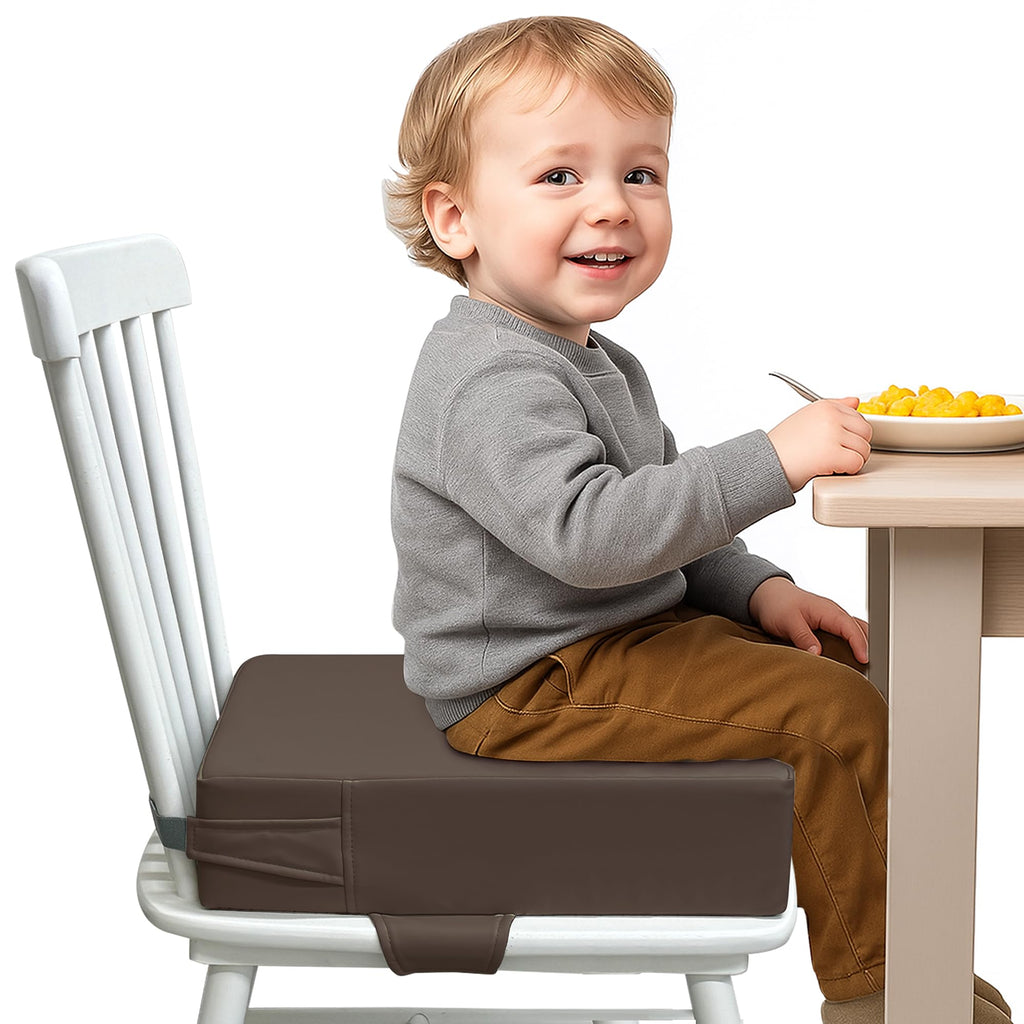 Toddler Booster Seat for Dining Table – PU Washable Cushion with Double Safe Straps, Non-Slip Bottom, Portable Travel Booster Seat for Toddlers (Dark Brown)