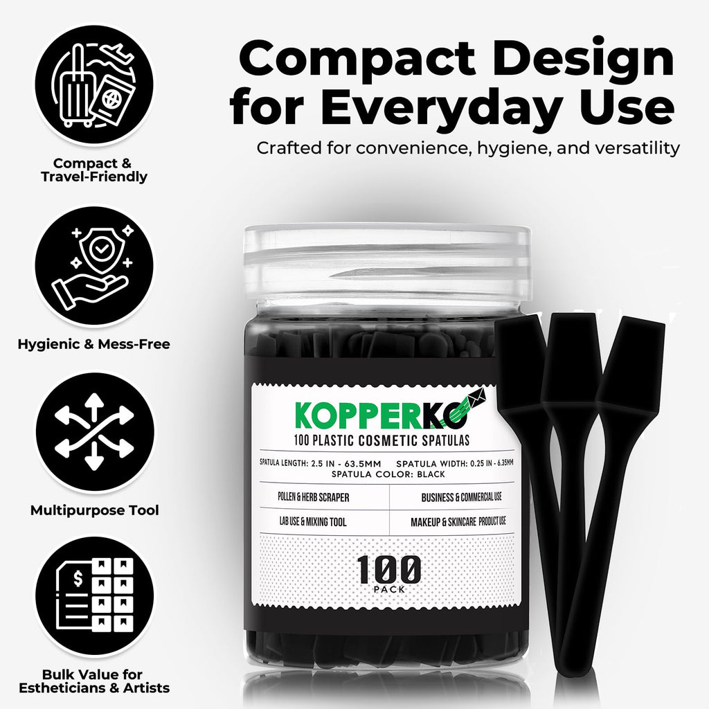 Kopperko Mini Lotion Spatula (2.5", 100 Pack) - Mini Spatula for Cosmetics, Creams & Crafts | Ointment Applicator for Mixing, Skincare, Face Mask | Disposable Lotion Applicator for Face | Black