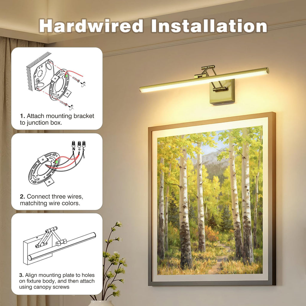 Joossnwell LED Picture Lights for Paintings Dimmable 15.5 Inch Long Hard-Wired Picture Frame Lights Brass Gallery Wall Light with Adjustable Swing Arm Art Display Lamps 7W 3000K Warm White