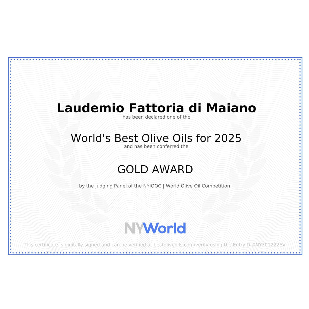 Sanniti Laudemio Organic Extra Virgin Olive Oil Fattoria di Maiano, Gold Award Winner at NYIOOC World Olive Oil Competition, 16.9 oz