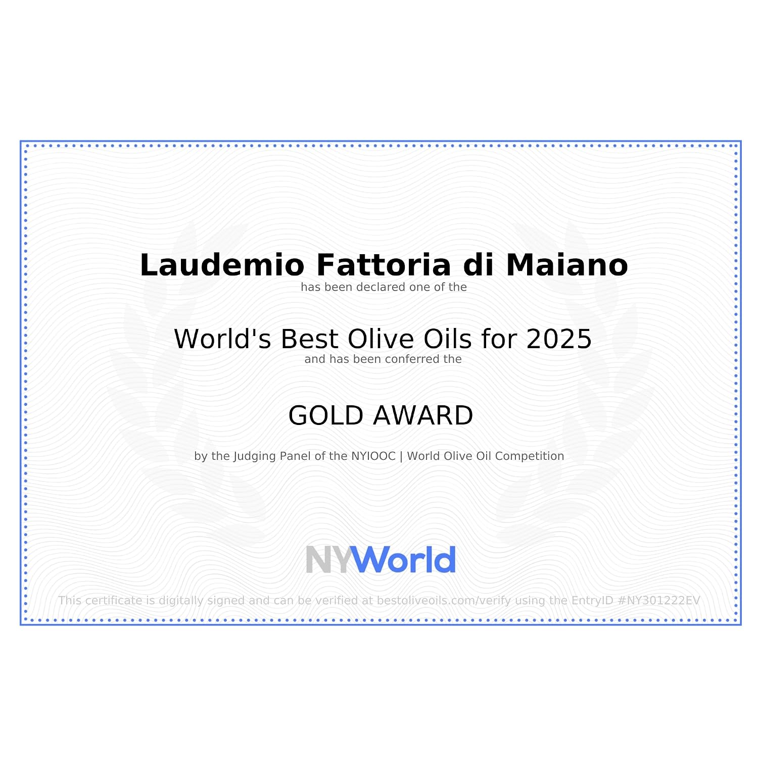 Sanniti Laudemio Organic Extra Virgin Olive Oil Fattoria di Maiano, Gold Award Winner at NYIOOC World Olive Oil Competition, 16.9 oz
