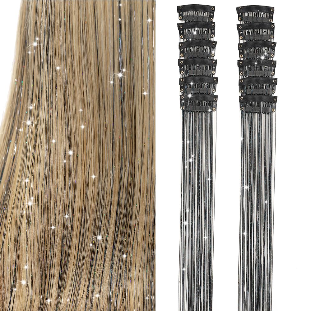 Clip in Hair Tinsel, Pack of 12 Pcs 20 Inch,Glitter Tinsel Hair Extensions, Festival Tinsel Fairy Hair Extension Party Dazzle Hair Accessories Strands Kit for Women Girls(12Pcs,Black#)