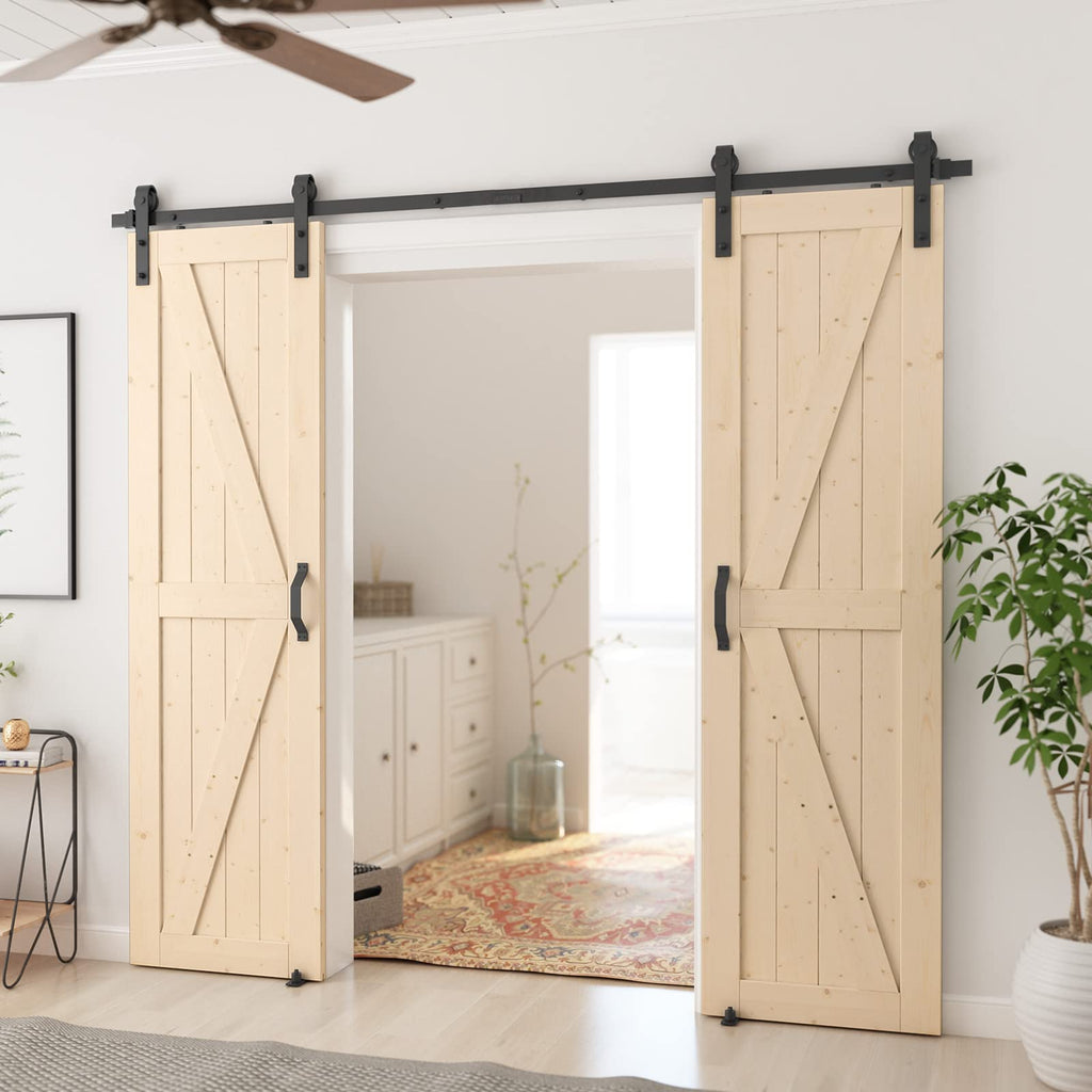 SmartStandard 24in x 80in Sliding Barn Wood Door Pre-Drilled Ready to Assemble, DIY Unfinished Solid Spruce Wood Panelled Slab, Interior Single Door Only, Natural, K-Frame (Fit 4FT Rail)