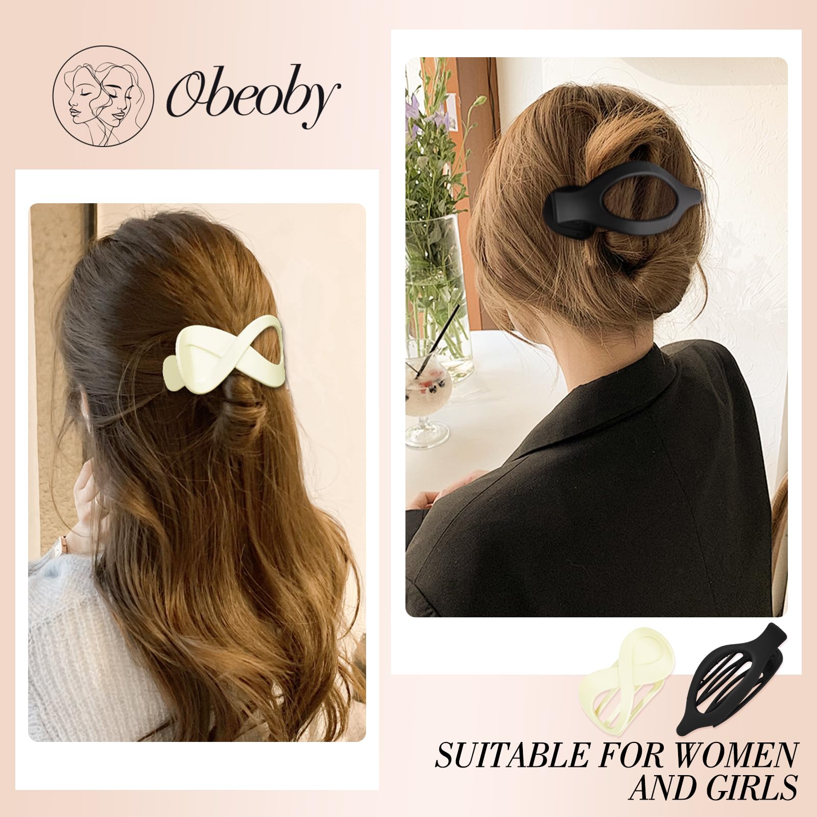 Obeoby 8 Pcs Flat Claw Clips for Women, Strong Hold French Flat Hair Clips for Thick Thin Hair Barrettes Accessories Round Large Medium (Tortoiseshell)
