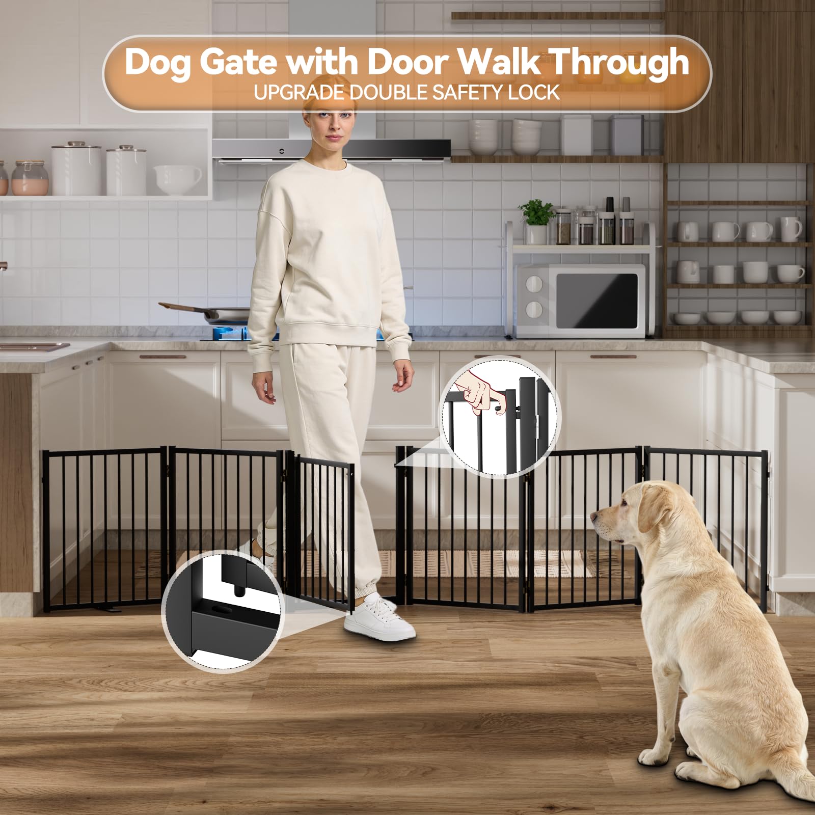 SNUOWU Full Metal Freestanding Dog Gate with Door, 24'' Height Foldable Pet Dog Fence for Indoor & Outdoor, 2 Panels Extra Wide Free Standing SmallDog Gates for Doorways,House,Stairs,Porch,Deck,Yard