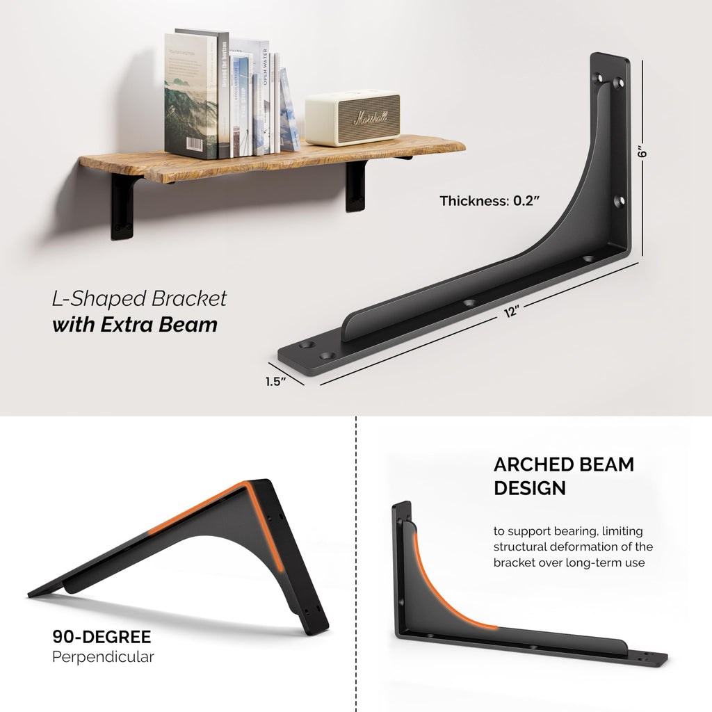 BATODA 8" x 5" L Bracket with Beam - Shelf Brackets Black 300 Lbs Capacity - Heavy Duty Shelving Brackets for Floating Shelves - Wall Mounted Support for DIY – Mounting Hardware Included (Pack 4)