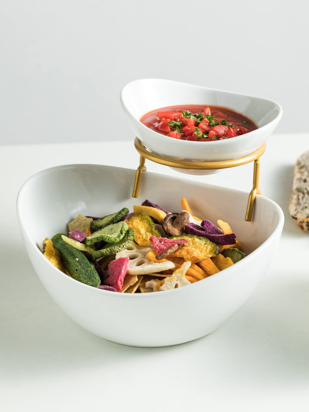 Miamolo 3 Tier Serving Bowls with Stand for Entertaining Party | Ceramic, Chip and Dip Set | Food Display for Fruit Salad Snacks | Space-saving Storage | Microwave & Dishwasher Safe