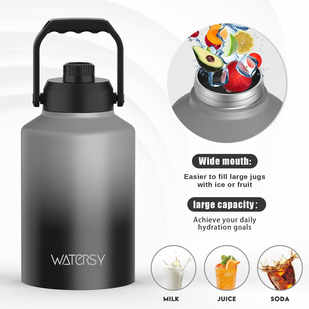 WATERSY Half Gallon Water Bottle Insulated(Cold for 48 Hrs),BPA Free&Leak Proof,64oz Stainless Steel Water Jug/Flask,Big thermo,Large Water Bottle with Handle for Gym,Hiking,Camping,Black