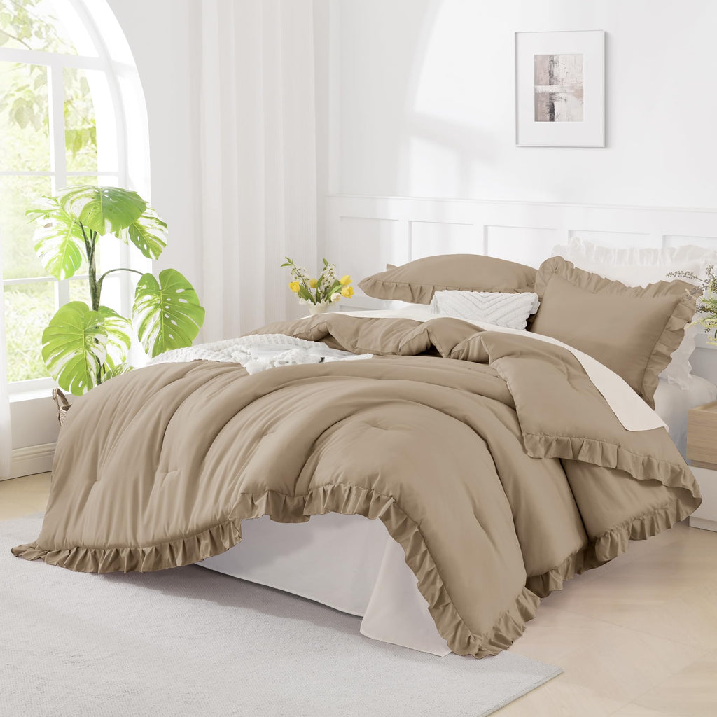 Andency Beige Twin Size Ruffle Comforter, 2 Pieces Farmhouse Shabby Classic Bed Set for Kids, Lighteweight Soft Polyester Bedding Set for Girls(1 Ruffle Comforter and 1 Pillowcase)