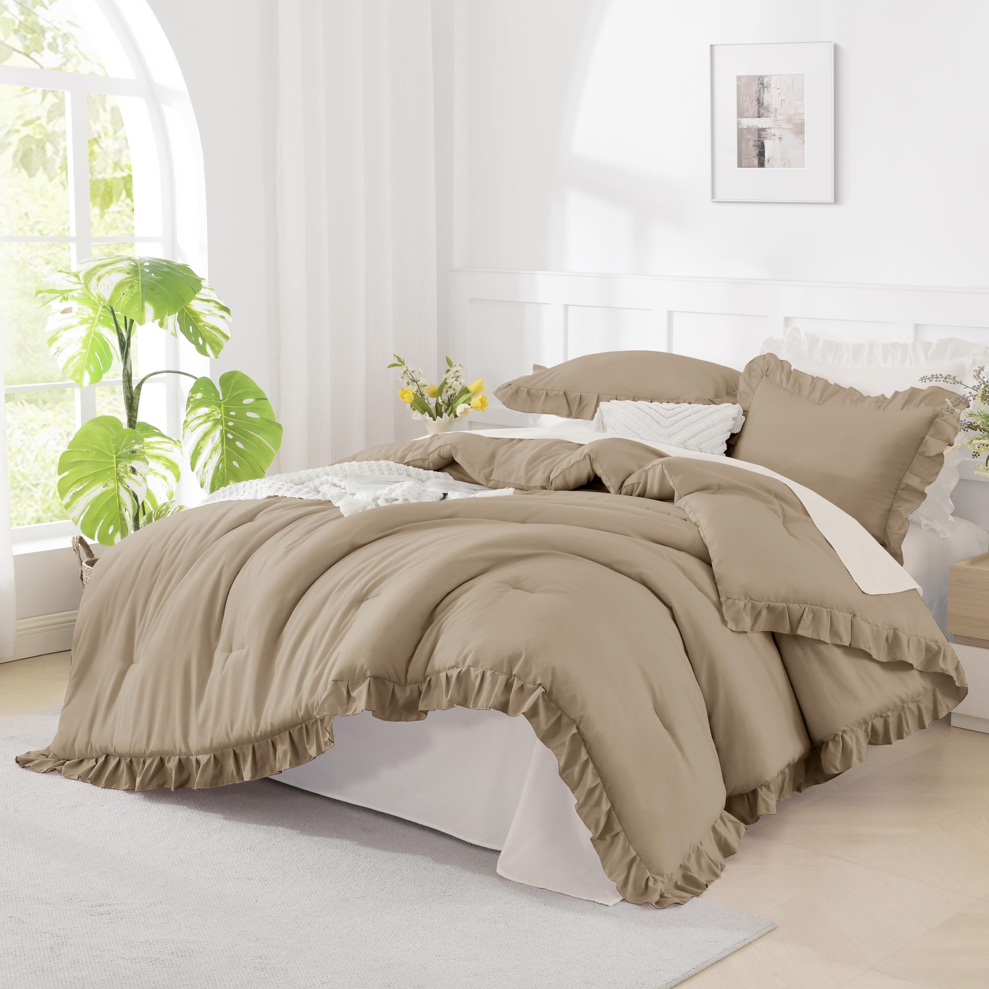Andency Beige Twin Size Ruffle Comforter, 2 Pieces Farmhouse Shabby Classic Bed Set for Kids, Lighteweight Soft Polyester Bedding Set for Girls(1 Ruffle Comforter and 1 Pillowcase)