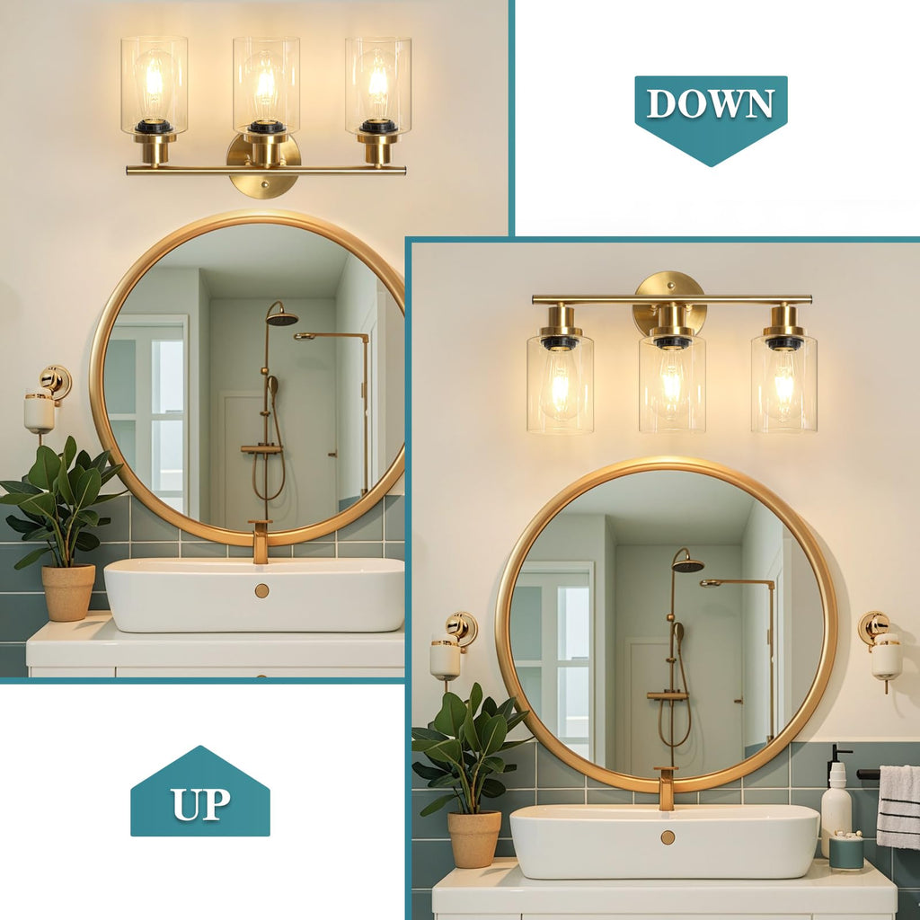Unicozin 2 Pack Modern Bathroom Light Fixtures, 3 Light Vanity Lights, Black Wall Lamp with Clear Glass for Bathroom, Mirror, Living Room, Bedroom, Hallway, E26 Base