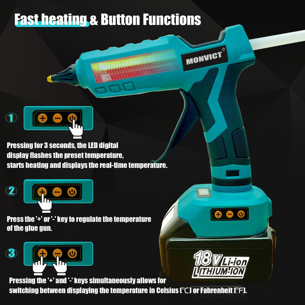 MONVICT Cordless Glue Gun for Dewalt 20V Battery, Upgraded 100W Digital Temperature Adjustable Handheld Electric Power Full Size Heavy Duty Hot Glue Gun with 10 Glue Sticks (Battery Not Included)