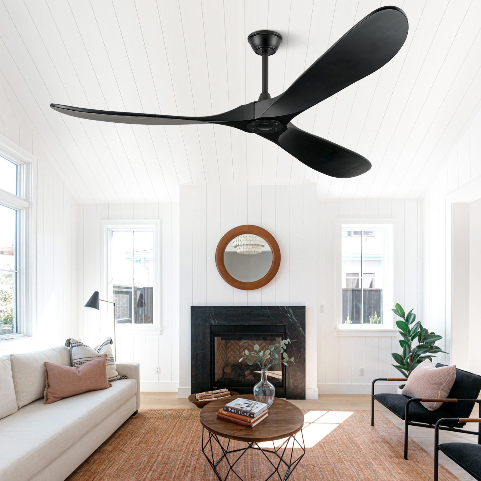 ABZ Ceiling Fans without Lights - 52 Inch Modern Ceiling Fans no Lights with Remote Control, Black 3 Blade Solid Wood Indoor Outdoor Ceiling Fans for Patios Living Room Bedroom