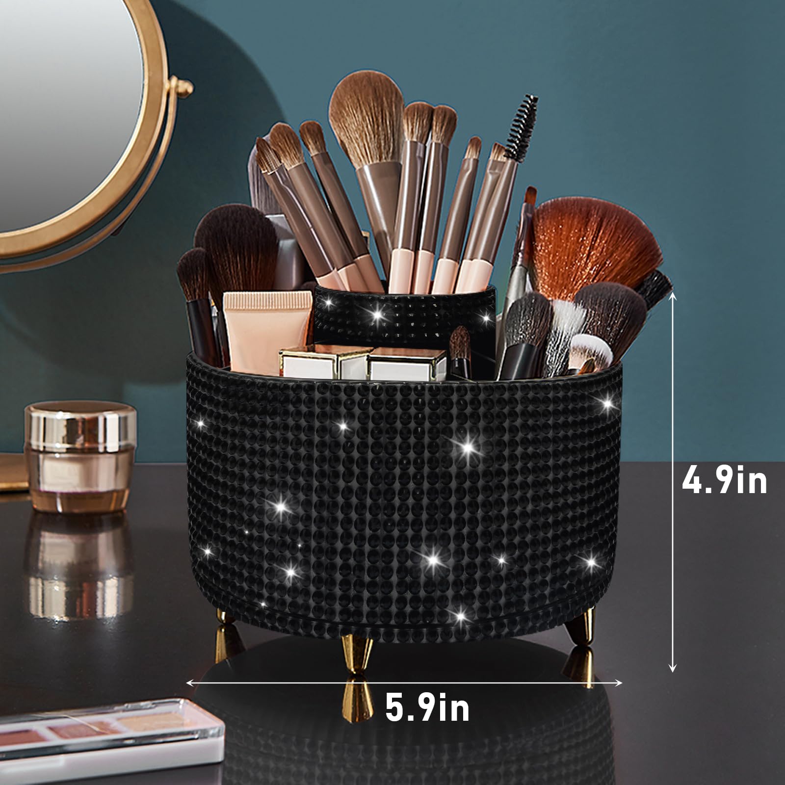 Makeup Brush Holder Organizer,360° Rotating Makeup Brush Organizer,5 Slot Make up Brushes Cup for Cosmetics, Nail Polish, Art Supply, Bathroom Vanity Desktop Organizer - Black