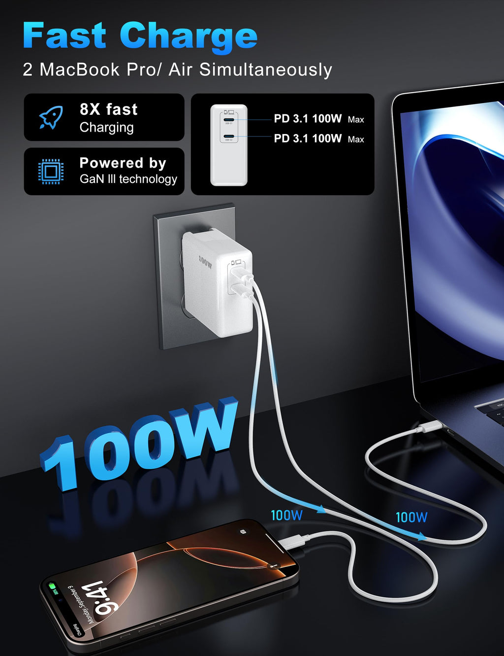 USB C Super Fast Phone Charger 100W, 65W GaN Type C Charger Fast Charging Block with 10ft USB C Charging Cable for Samsung Galaxy S26 Ultra/S26/S26+,MacBook Pro/Air,iPhone/iPad Pro[2 Pack]-Black