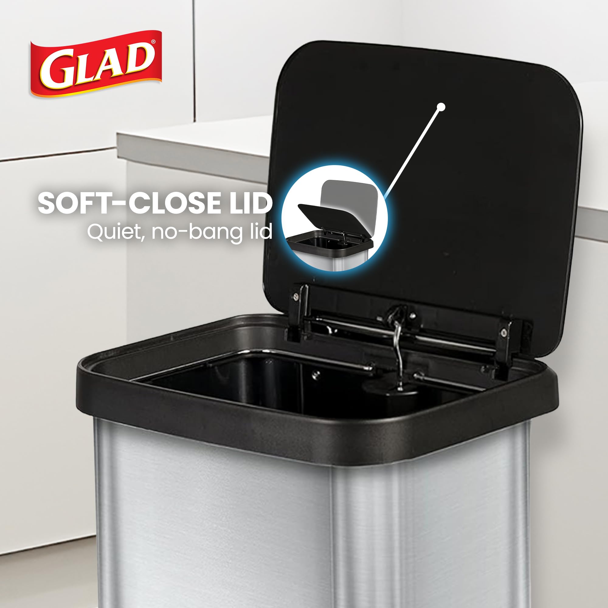 Glad 13 Gallon All Brushed Stainless Steel Trash Can with Clorox Odor Protection | Large Metal Kitchen Garbage Bin with Soft Close Lid, Garbage Bag Rings, Step On Foot Pedal and Waste Bag Roll Holder