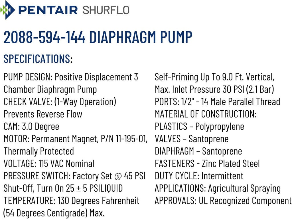 PENTAIR SHURFLO 2088-594-144 Diaphragm Pump, 115 VAC Water Pump, 3.0 GPM, 45 PSI Automatic Pressure Switch, Self-Priming up to 12 ft, 1/2"-14 NPSM Ports, Agricultural Spraying