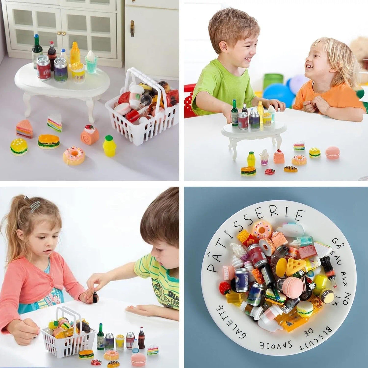 134pcs Mini Shopping Cart Basket Miniature Food Drink Bottle Supermarket Metal Handcart Toys Doll House Store Cosplay Game Dollhouse Grocery Fruit Cake Bread Party Trolley Model Dollar Bills