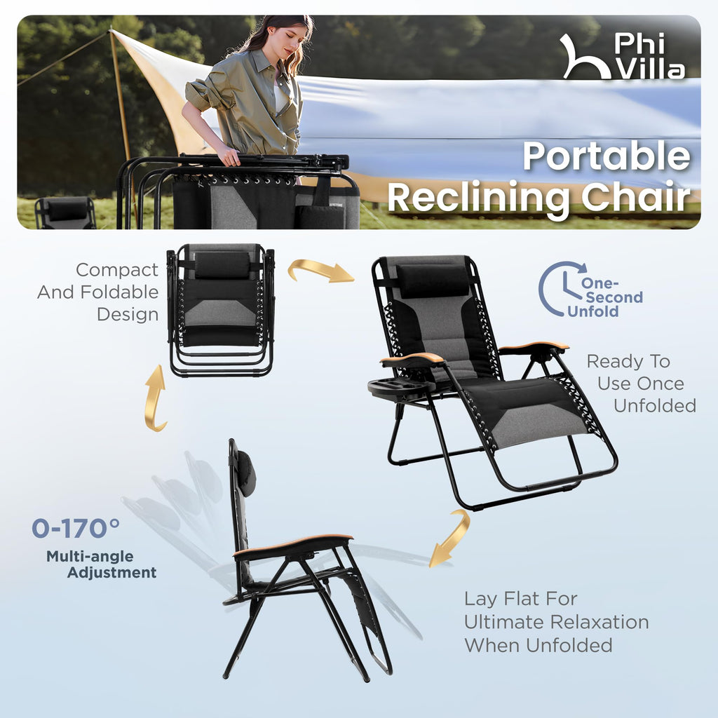 PHI VILLA XXL Oversized Padded Zero Gravity Chair Set of 2, Foldable Patio Recliner, 30" Wide Seat Anti Gravity Lounger with Armrest and Cup Holder, Support 400 LBS (Aqua Blue)