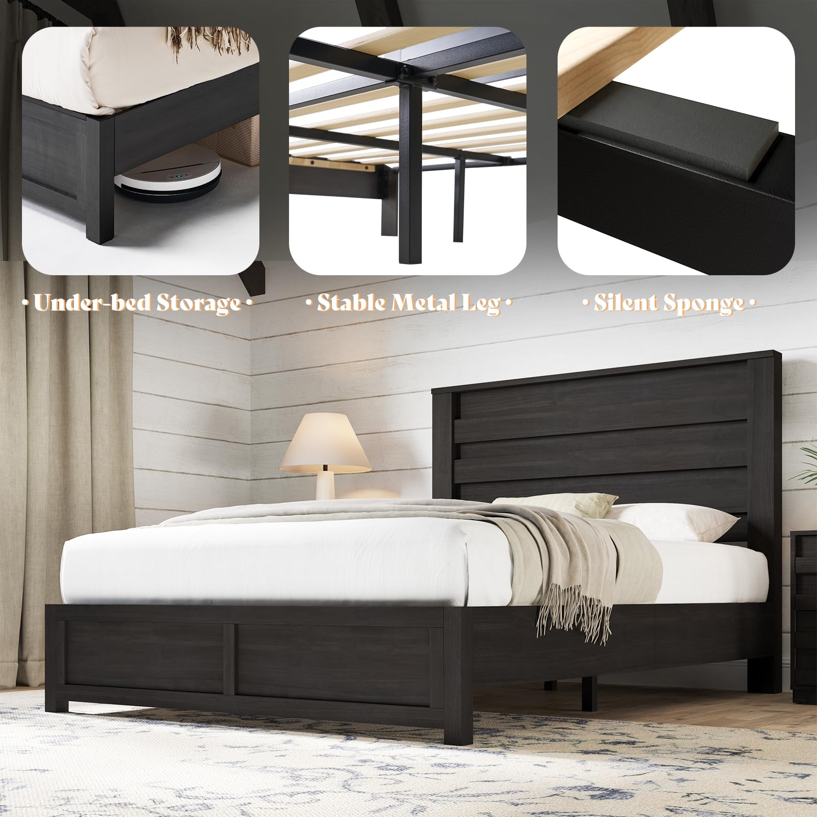 AMERLIFE Farmhouse Full Size Bed Frame with 49" Fluted Headboard, Wood Platform Bed with Natural Grain, No Box Spring Needed/Noise Free, Black