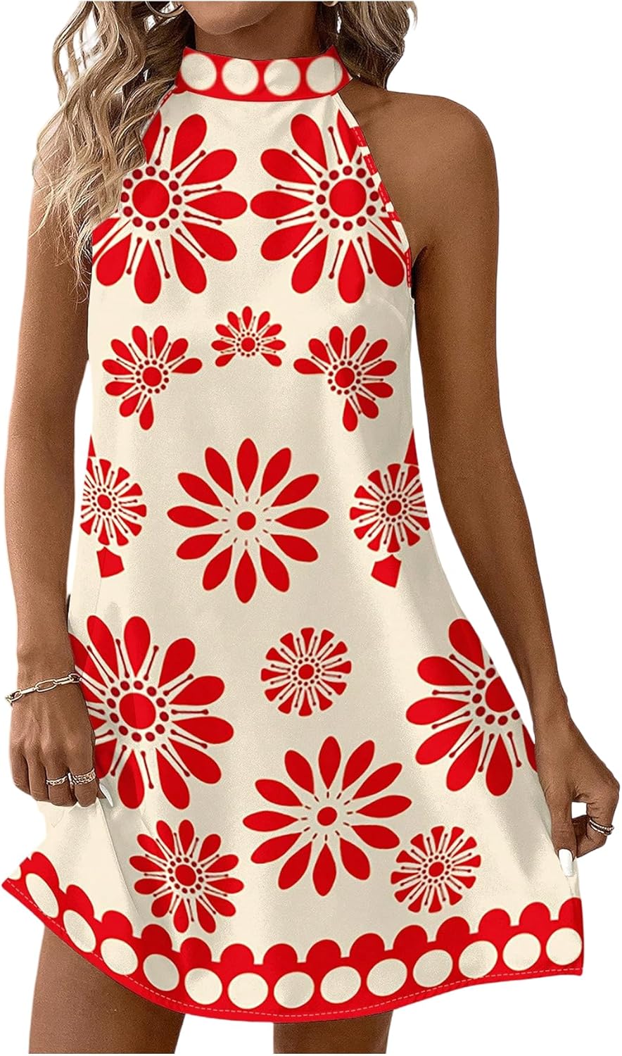 Floerns Women's Sleeveless Floral Print Sundress Halter Neck A Line Short Dress