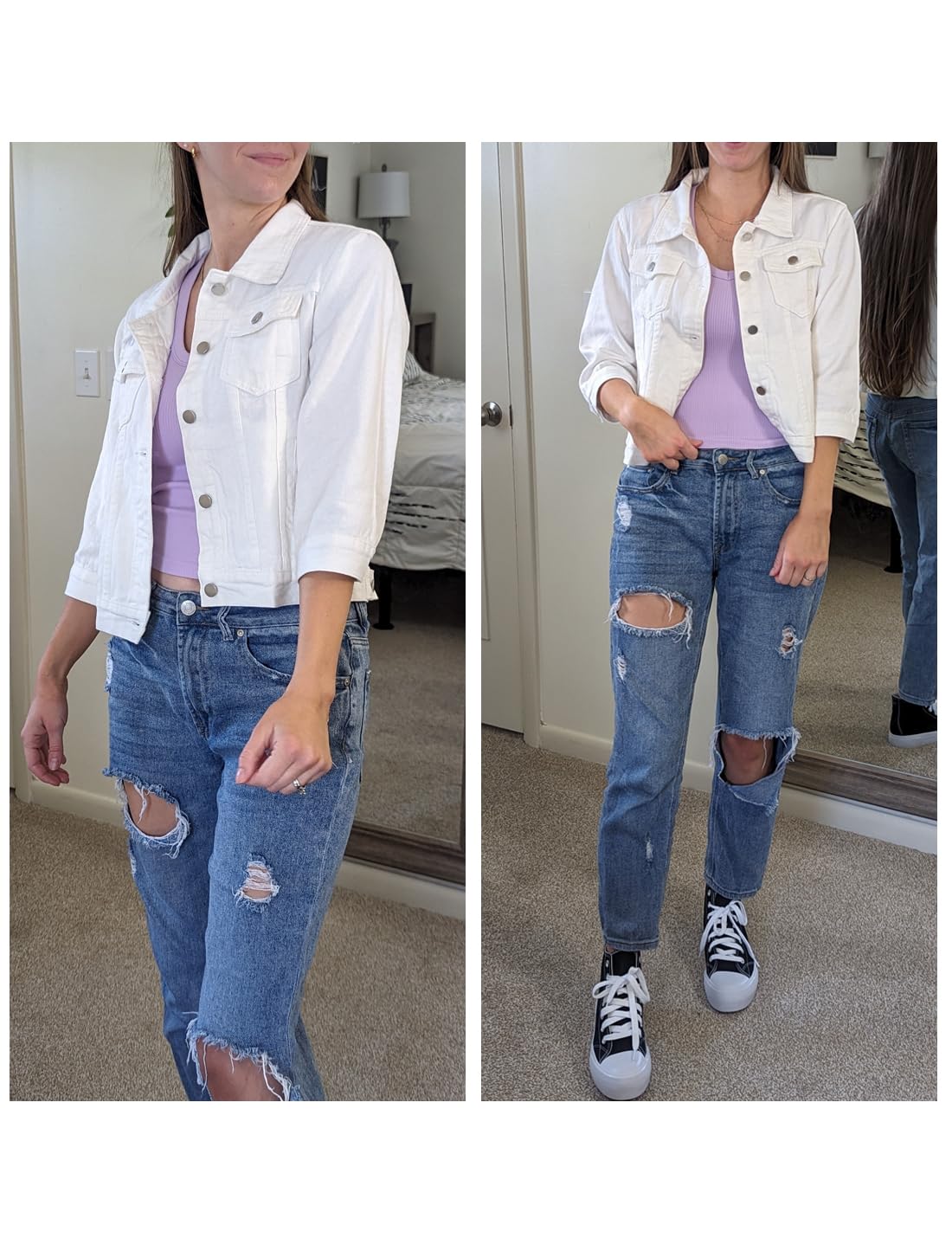 Locachy Womens 3/4 Sleeve Short Denim Jacket Lapel Button Down Cropped Trucker Jean Jackets Coats