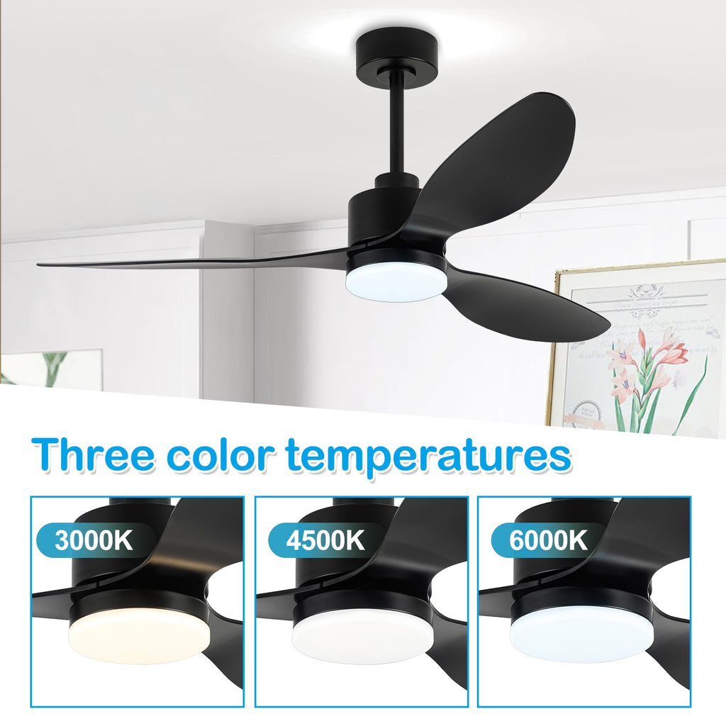 52" Ceiling Fans with Lights and Remote, Quiet DC Motor, 3 Reversible Blades, 6-Speed, Modern Industrial Black Ceiling Fan with 3-Color LED Light Fandelier for Bedroom Living Room