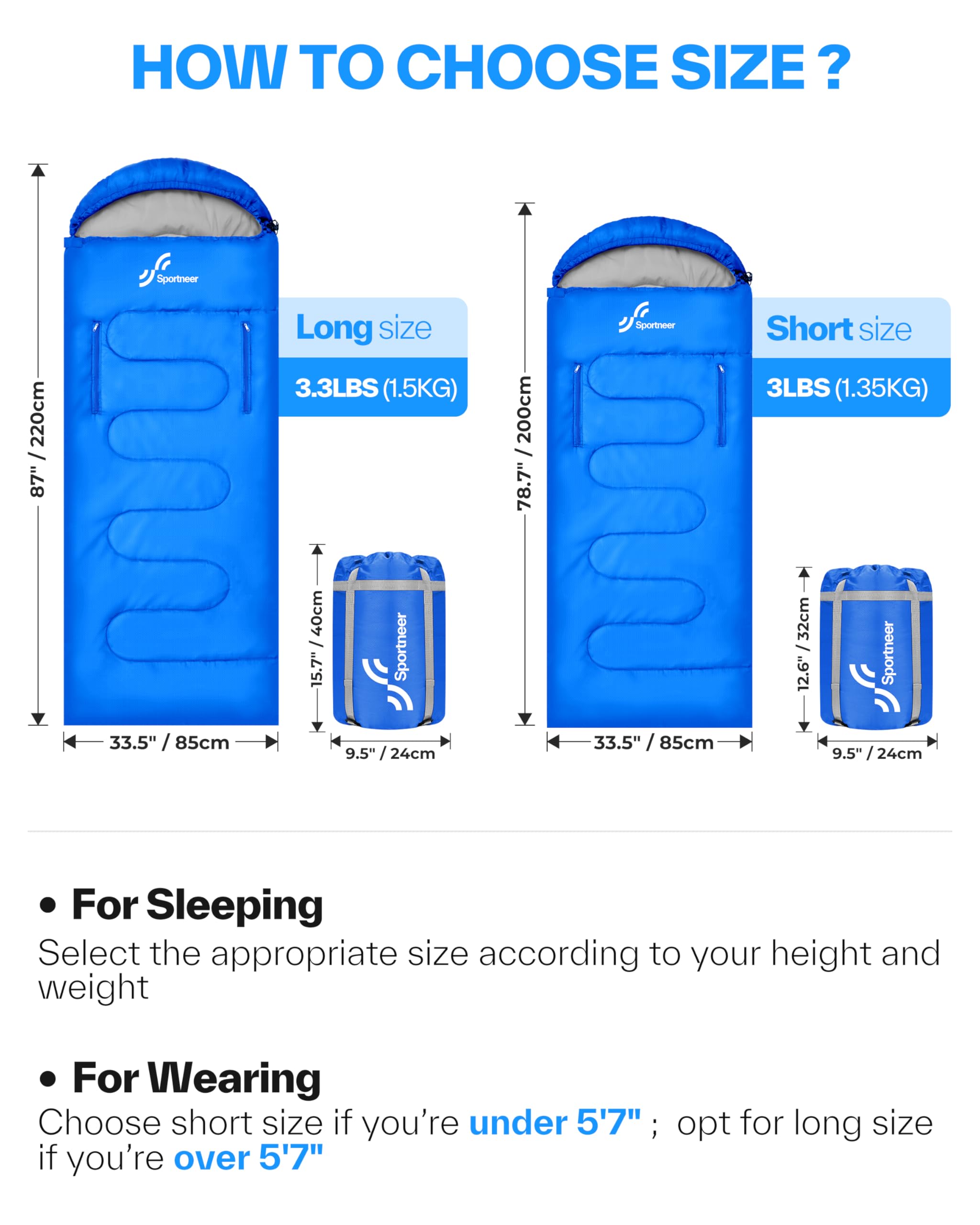 Sportneer Wearable Sleeping Bag for Adults & Kids – Walkable with Arm Zippers, Warm Weather & Cold Waterproof, Compact for Camping, Stadiums, Travel, Backpacking & Car Use