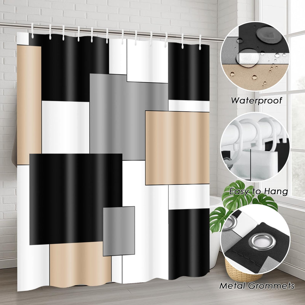 Beige Geometric Shower Curtain Set with Toilet Lid Cover and Non-Slip Rugs for Bathroom, Black Grey White Checkered 4 Pcs Shower Curtain, Modern Abstract Bathroom Set with 12 Hooks
