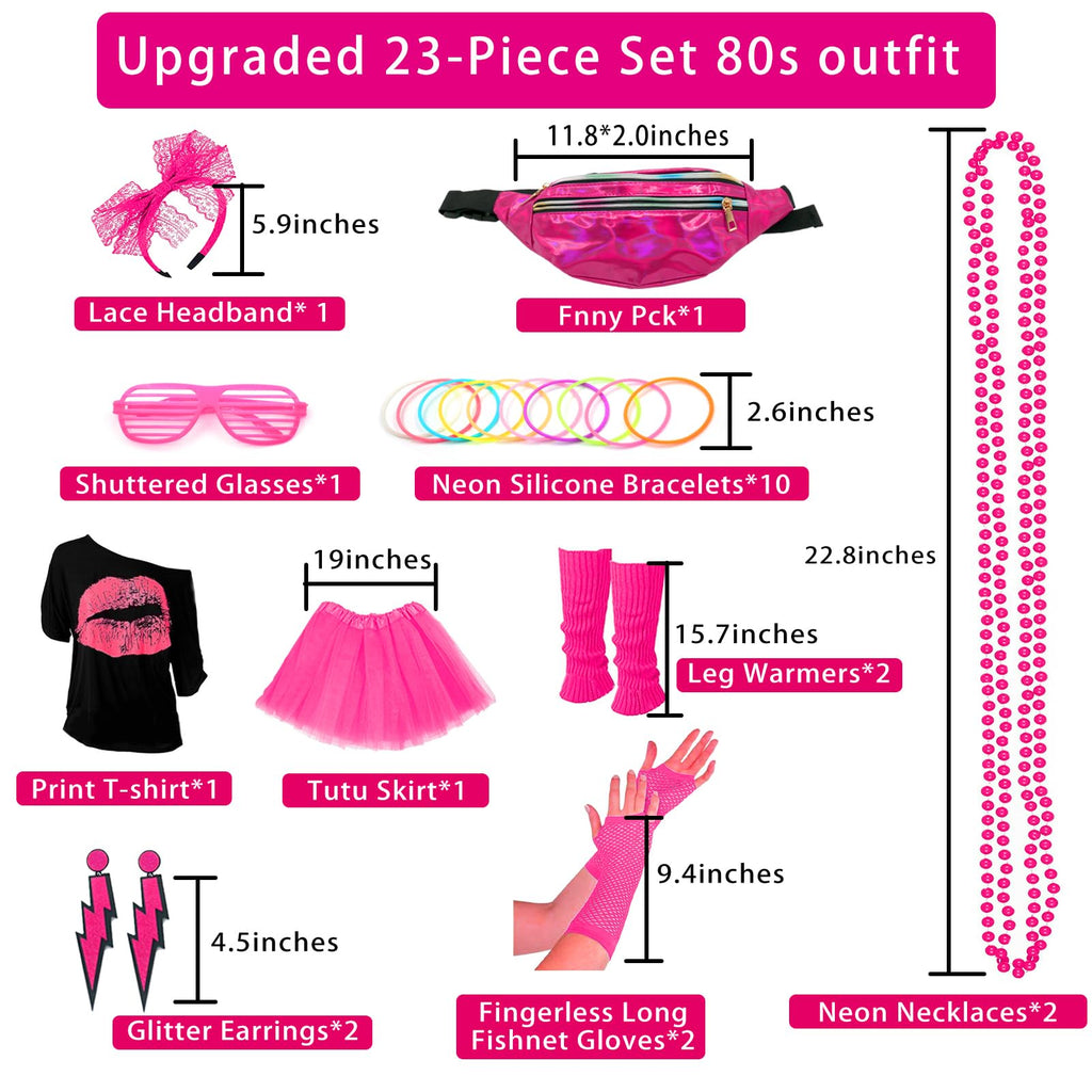 Upgraded 80s Outfit Costume for Women,80s Party Costume Accessory Sets with T-Shirt Tutu Skirt Waist Pack etc