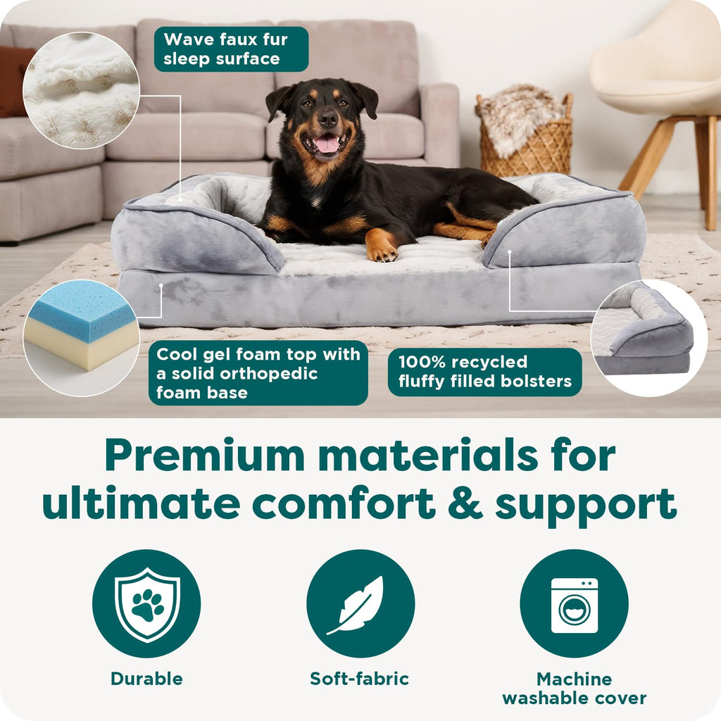 Furhaven Cooling Gel Dog Bed for Medium/Small Dogs w/ Removable Bolsters & Washable Cover, For Dogs Up to 35 lbs - Plush & Velvet Waves Perfect Comfort Sofa - Brownstone, Medium