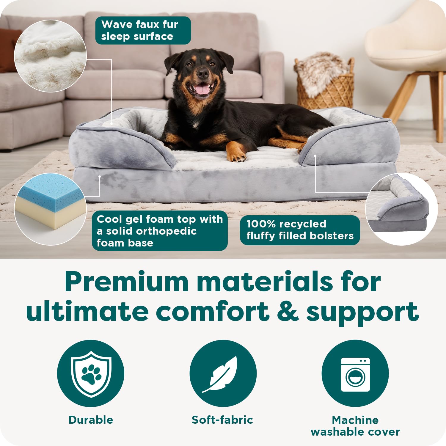 Furhaven Cooling Gel Dog Bed for Medium/Small Dogs w/ Removable Bolsters & Washable Cover, For Dogs Up to 35 lbs - Plush & Velvet Waves Perfect Comfort Sofa - Brownstone, Medium
