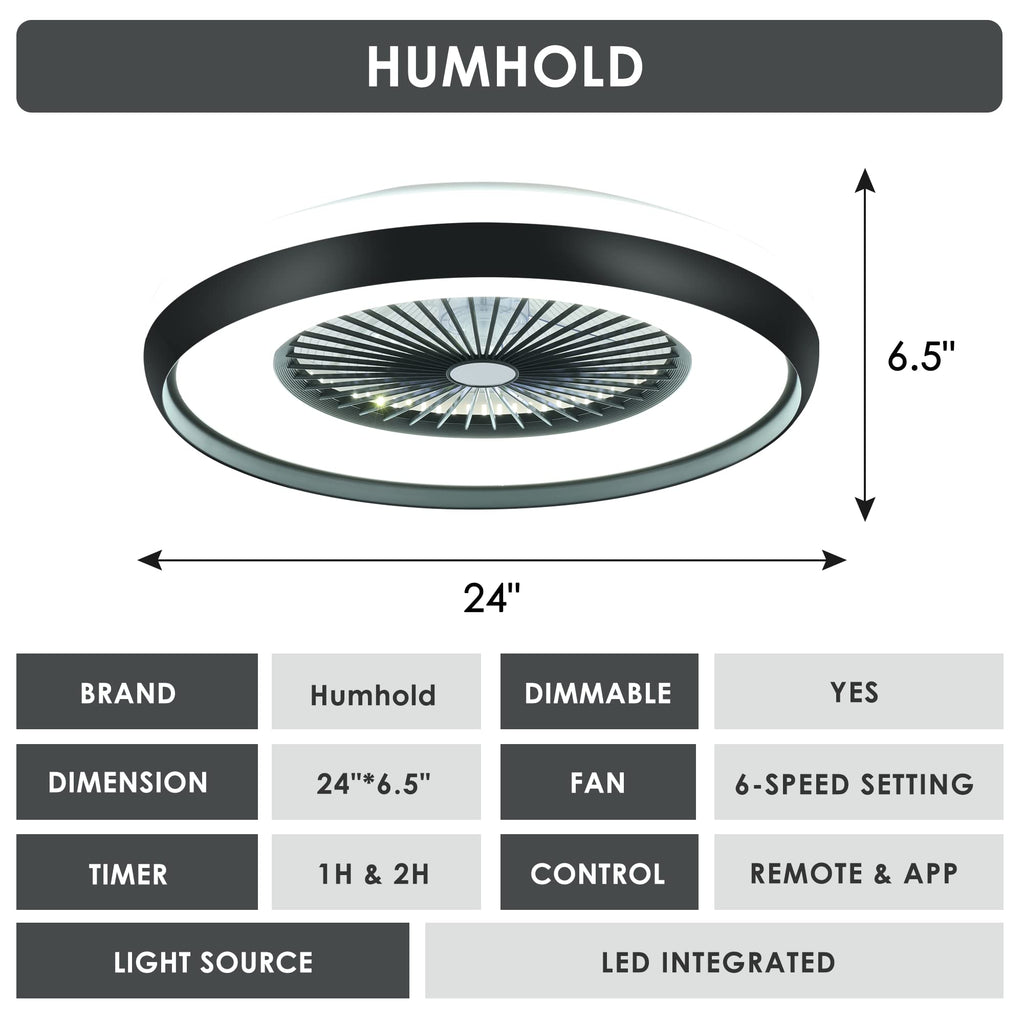 24" Bladeless Ceiling Fan with Light Remote, Smart LED Ceiling Fans with App Control, Modern Low Profile Dimmable Light Ceiling Fan for Bedroom Living Room Gold