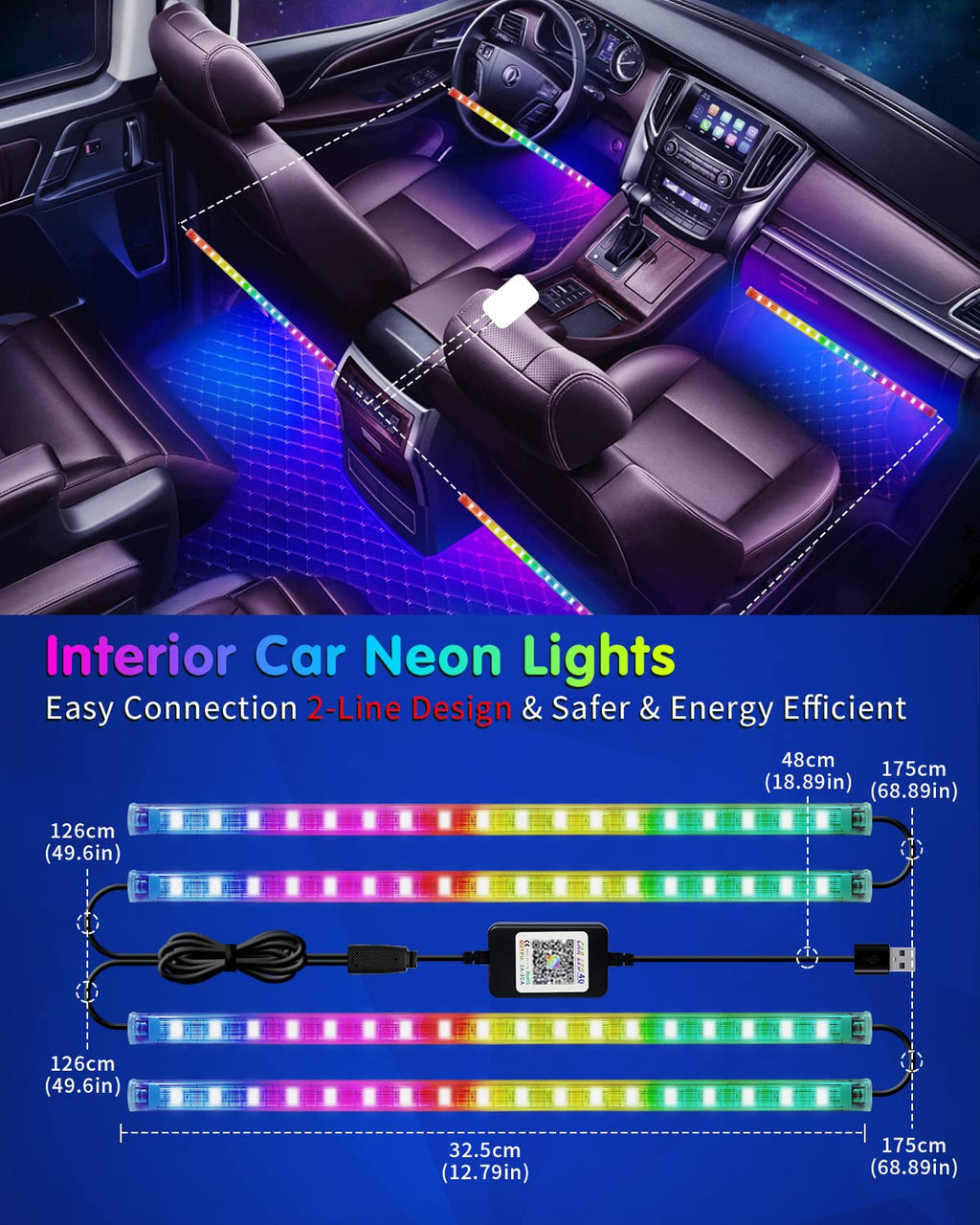 RGB Interior Car Strip Lights with Smart APP Control, Music Sync Under Dash Footwell Neon Internal Lighting Kit 2 Lines Design,12V LED Strip Lights for Cars, Trucks, SUVs with Car Charger(1 Set)