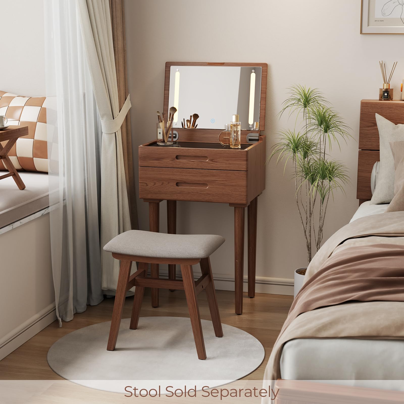 Muwuele Solid Wood Small Vanity Desk with Mirror and Lights, Narrow Makeup Vanity for Small Space, Flip Top Vanity Side Table, 3 Color Modes & Adjustable Brightness, 19.6" Slim Dressing Table, Black