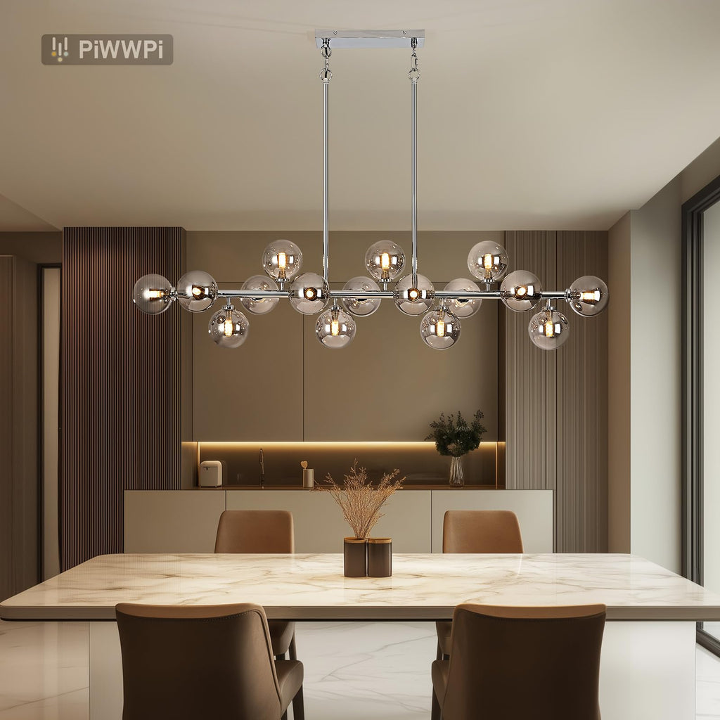 Modern Linear Chandeliers for Dining Room, 8-Light Globe Sputnik Pendant Ceiling Light, Black Dining Room Light Fixture Over Table, Mid Century Glass Milk White Bubble, 31.5 Inch, GC-09