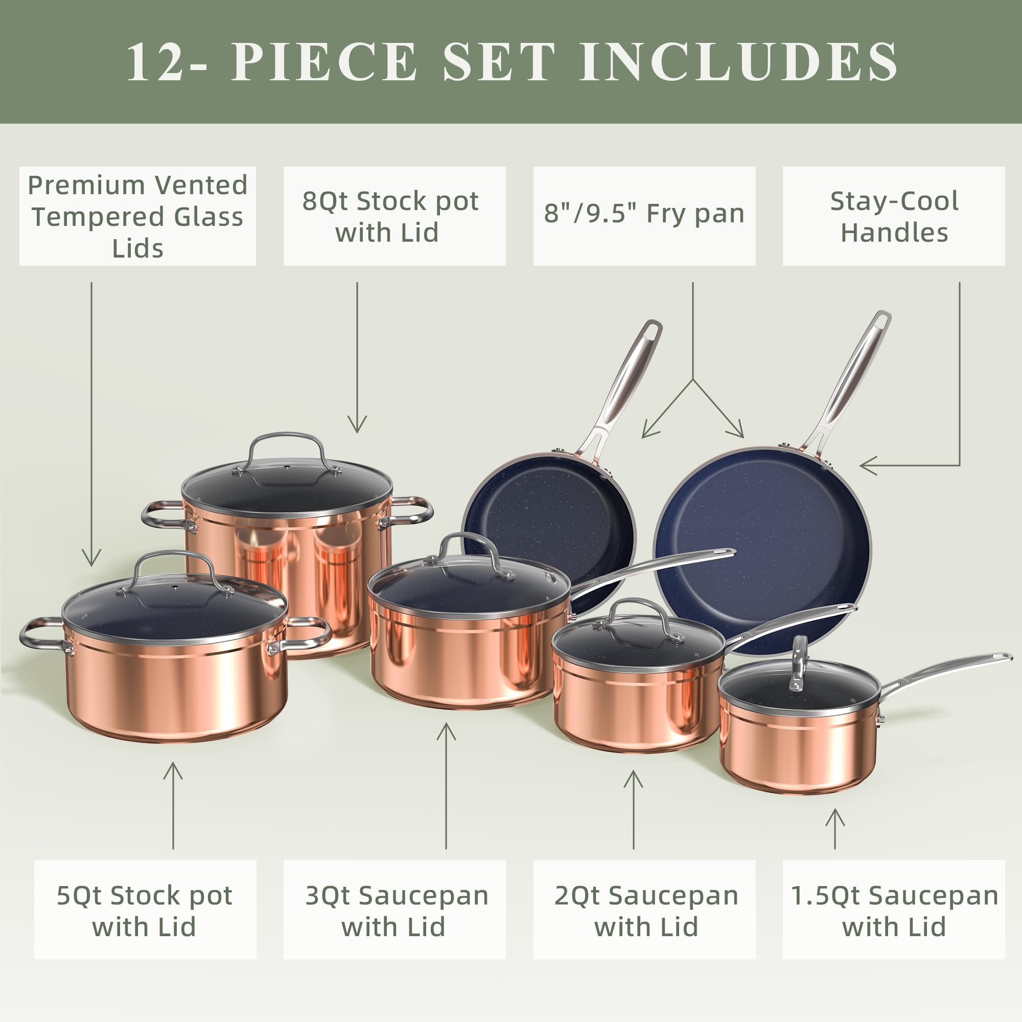 Nuwave Healthy Duralon Blue Ceramic Nonstick Cookware Set, Diamond Infused Scratch-Resistant, PFAS Free, Dishwasher & Oven Safe, Induction Ready & Evenly Heats, Tempered Glass Lids & Stay-Cool Handles