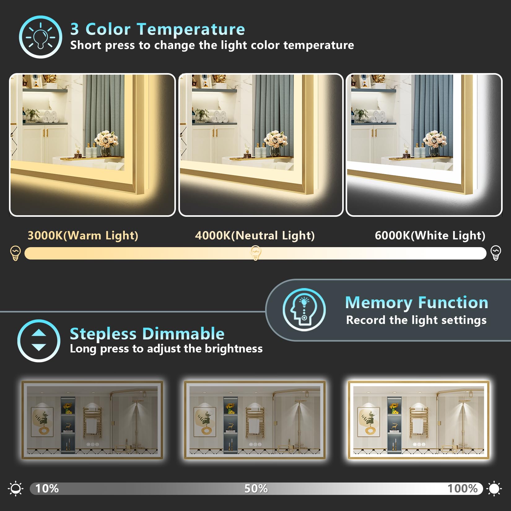 24x36 Gold Beveled LED Bathroom Mirror with Lights, Brushed Gold Framed Backlit and Front Lit Anti-Fog Lighted Vanity Mirrors for Bathroom Wall, Dimmable, 3 Colors, Memory, HD Tempered Glass