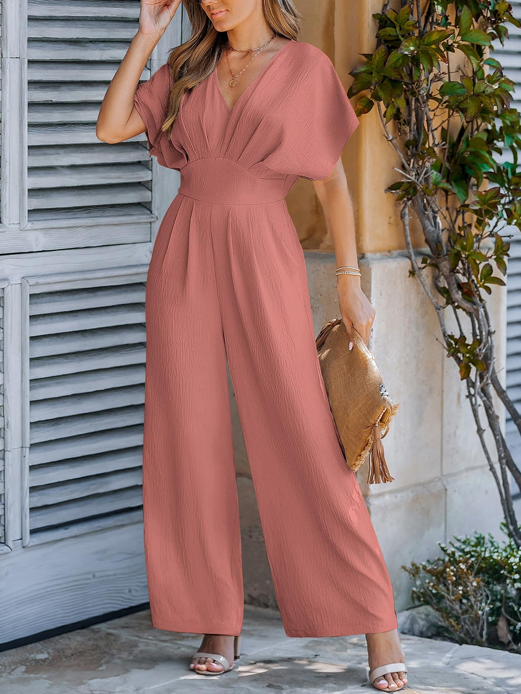 CUPSHE One Piece Jumpsuits for Women Casual Summer V Neck Batwing Sleeve Wide Leg Elegant Overalls Sexy Vacation Outfits