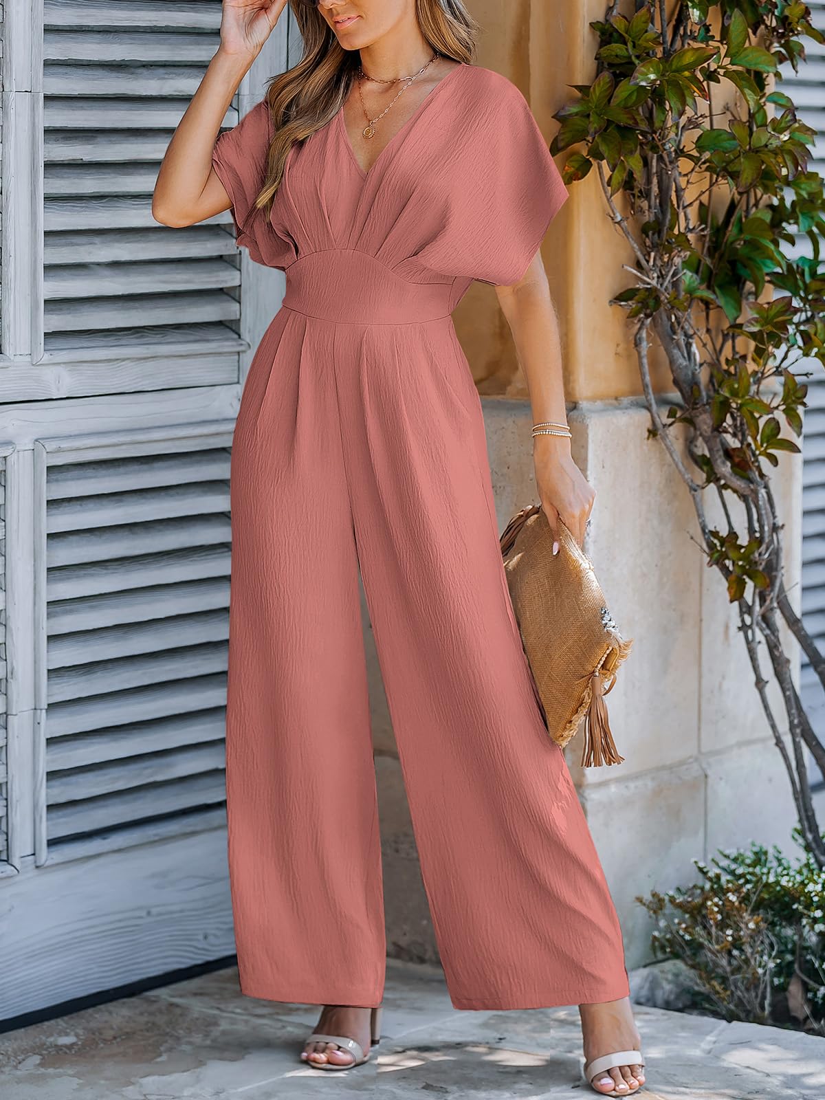CUPSHE One Piece Jumpsuits for Women Casual Summer V Neck Batwing Sleeve Wide Leg Elegant Overalls Sexy Vacation Outfits
